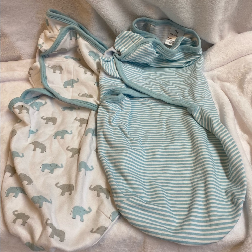 Amazing Baby Swaddle Blanket Set 2 Tiny Elephants & Stripes, Pastel Blue, Small